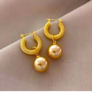 Earings 18K Gold Plated Small .53” Round Ball Dangle Hoop Drop Women Jewelry